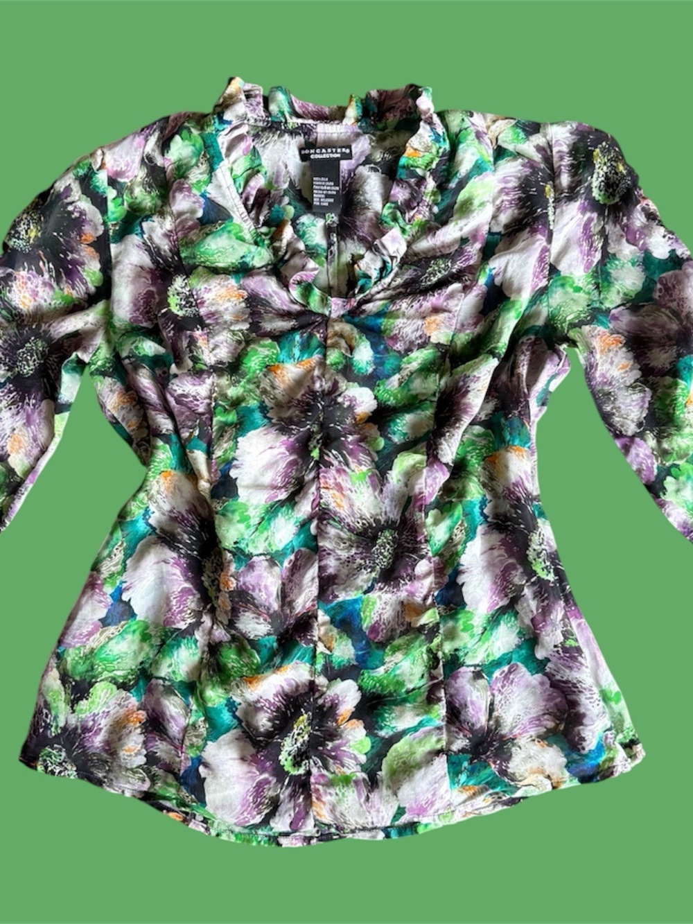 90’s Green Floral Ruffle Neck Silk Blouse